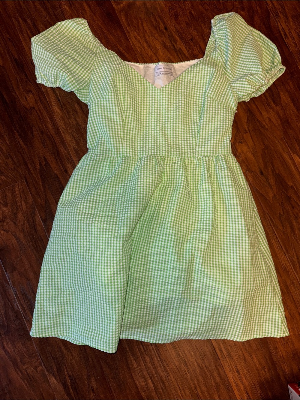 UO Green Gingham Puff-Sleeve Dress